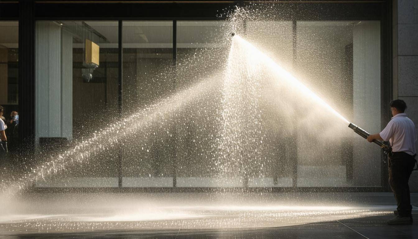 Power washing storefront facade